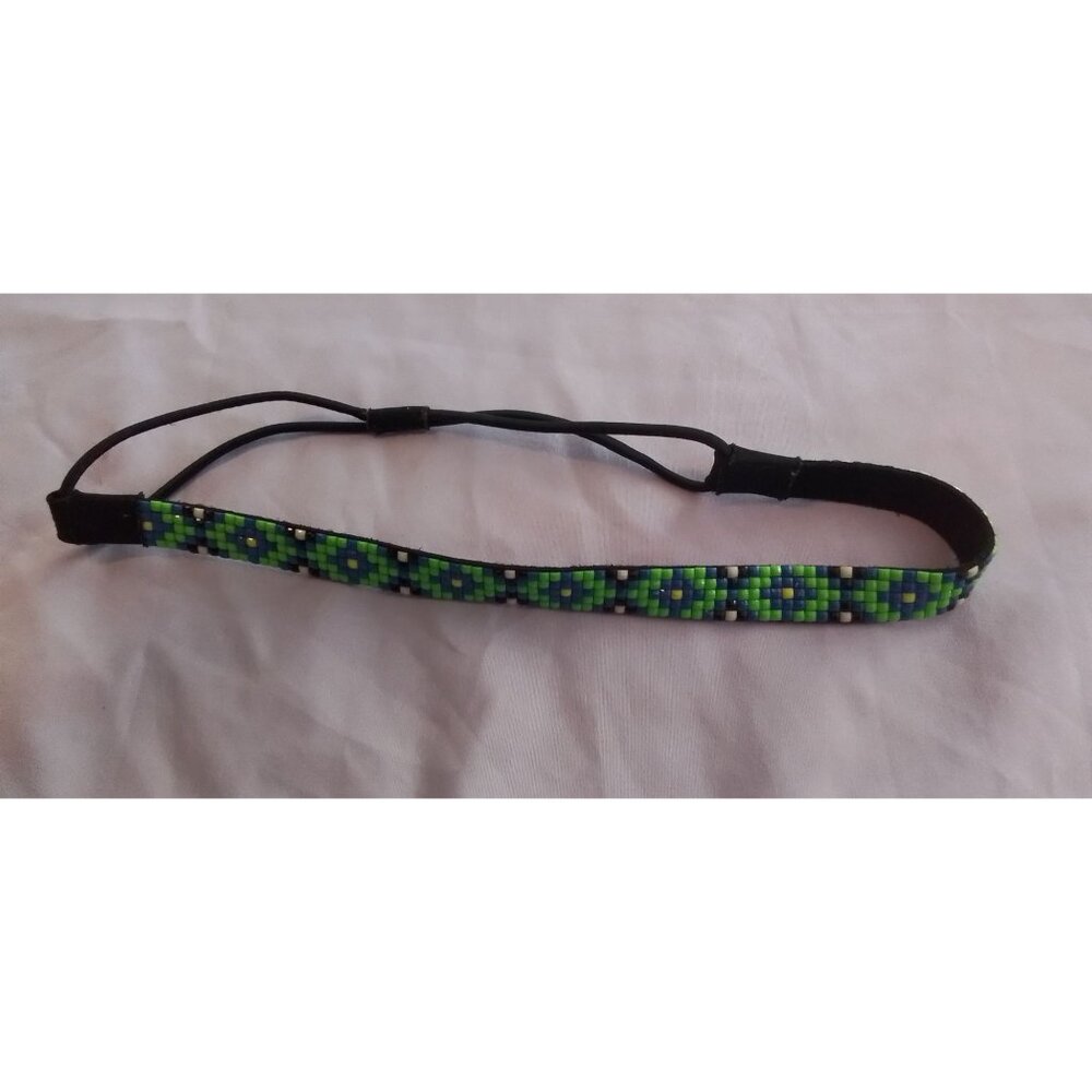 Beaded Adjustable Headband With Blue & Green Pattern